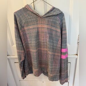 Sundry Plaid Hooded Pullover with Pink Stripe Detail